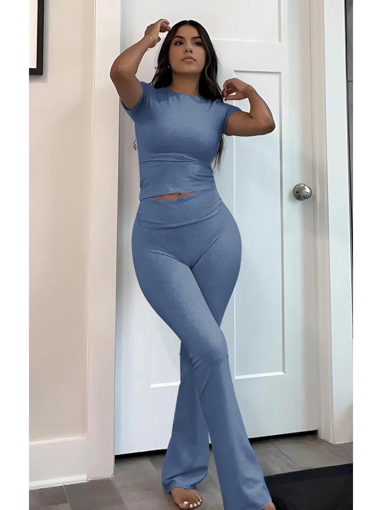 Women's Casual Workout Two-piece Set - Round Neck T-shirt & Low-waisted Flared Pants