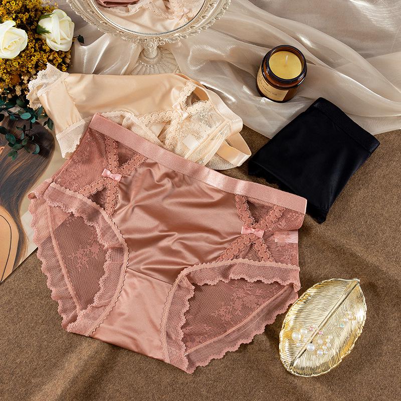 Satin Lace Mesh Court-Style Plus Size Mid-High Waist Triangle Panties for Women