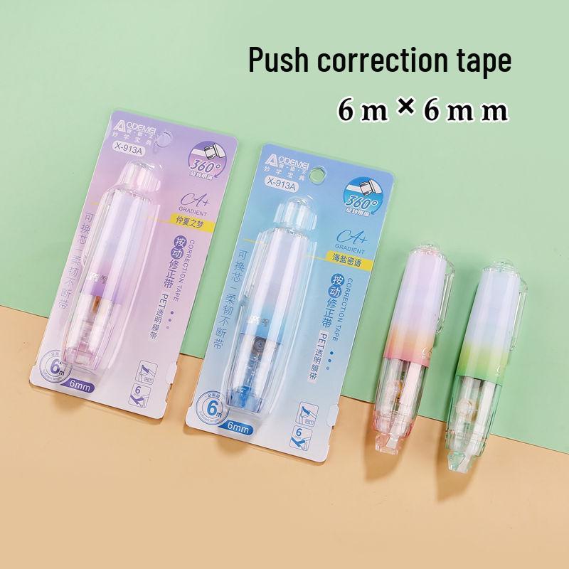 Rotating Press-Activated Correction Tape with Transparent Film Tip and Replaceable Core