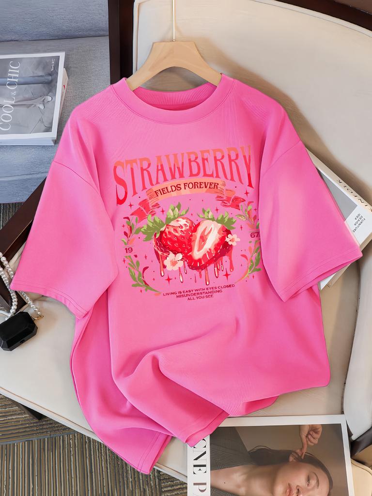 Strawberry Fields Forever Print T-Shirts Damen Atmungsaktives Baumwoll-T-Shirt Hip Hop Locker Streetwear All-Match Freizeitkleidung