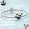 Sterling Silver S925 Moon Cat Beaded Bracelet with Black Gold Plated Zircon Halloween Beads