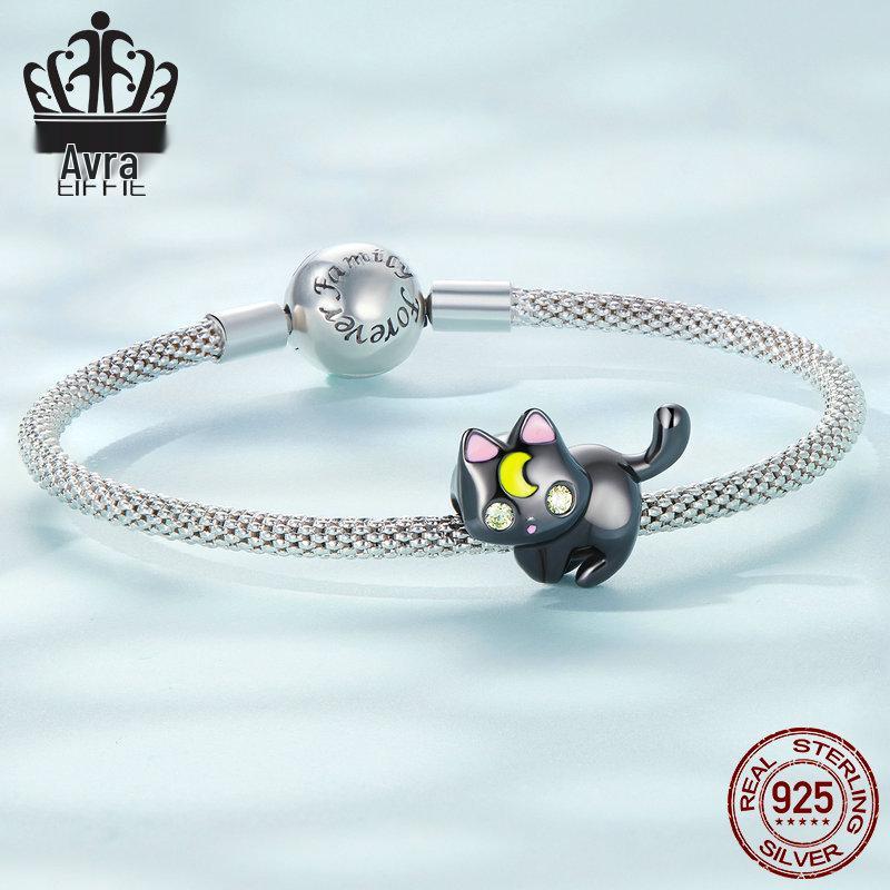Sterling Silver S925 Moon Cat Beaded Bracelet with Black Gold Plated Zircon Halloween Beads