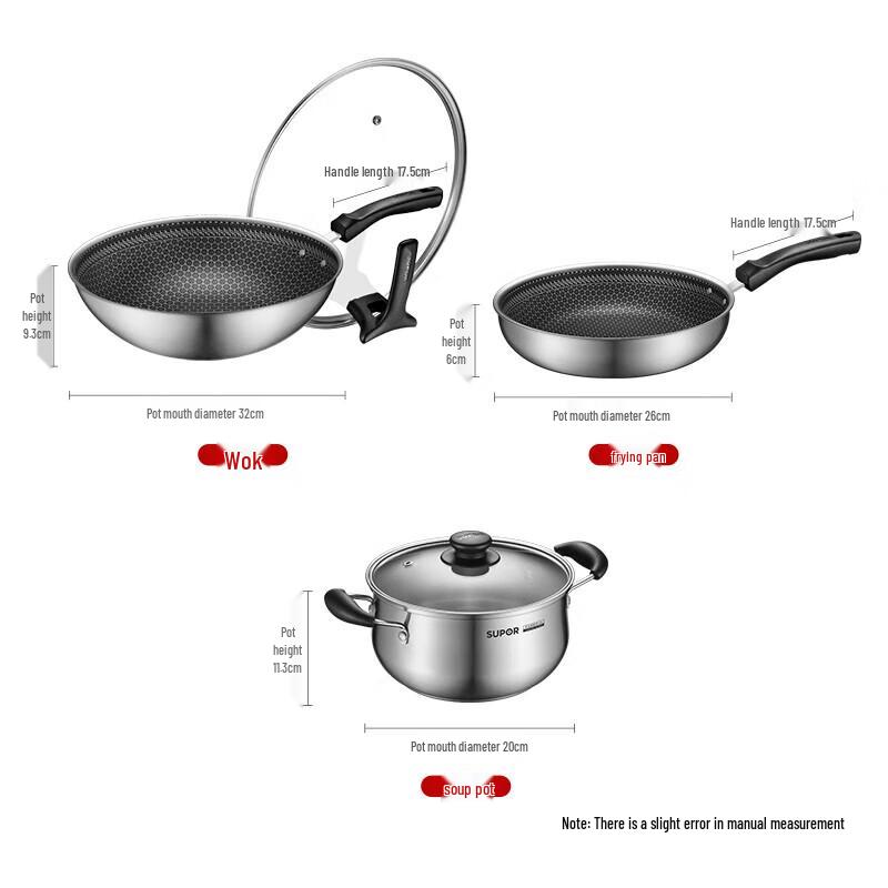 Supor 3-Piece 304 Stainless Steel Honeycomb Non-stick Cookware Set