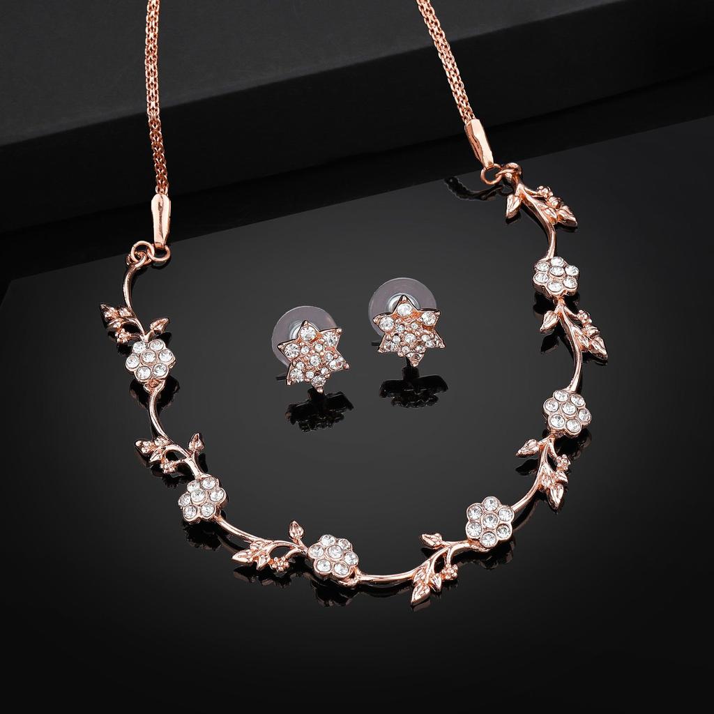 Estele Rose Gold Flower Crystal Designer Necklace Set For Women