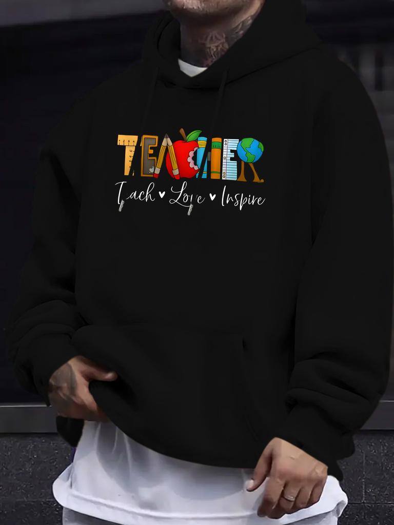 Men'S Casual Versatile Stylish Hoodie, Featuring a Unique New Design with a Teacher Letter Graphic Print - a Relaxed Pullover with a Kangaroo Pocket,