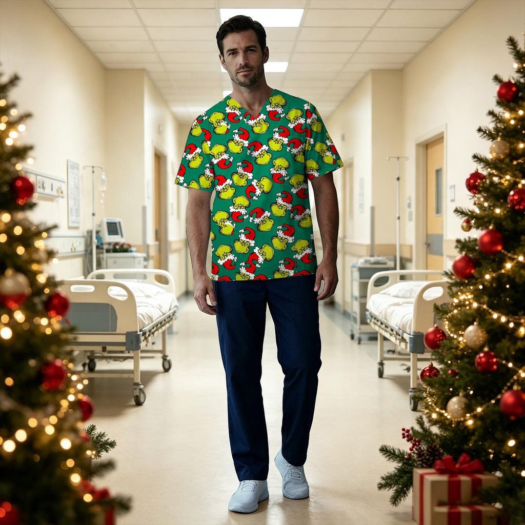 Men's Christmas Print V-Neck Short Sleeve Scrub Top with Chest Pocket