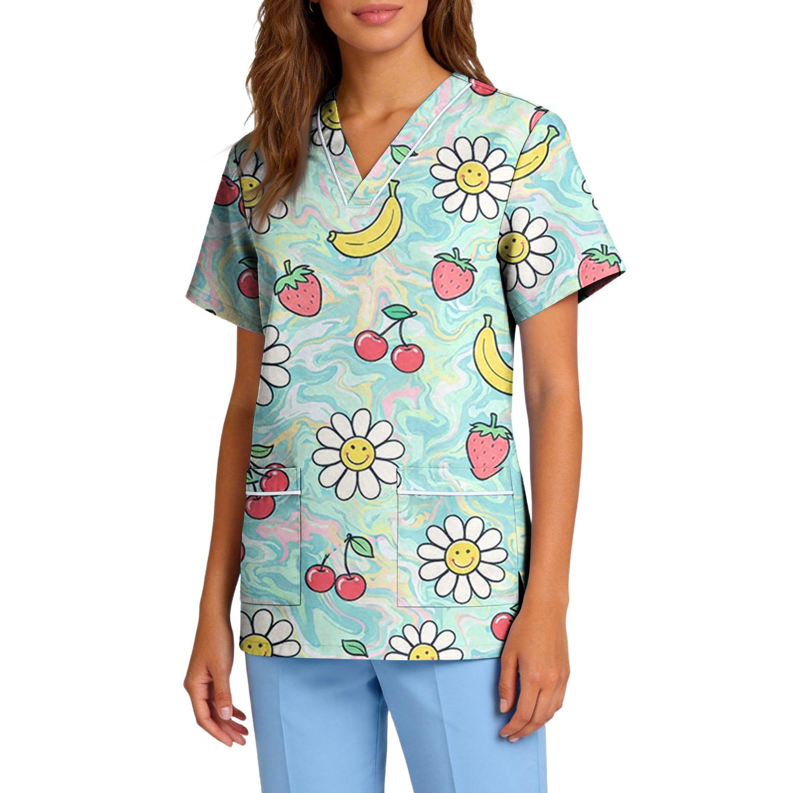 

Womens Stretchy Quick Dry V Neck Short Sleeve Pocket Scrub Top Animal Print Uniform for Healthcare Veterinary Pet Grooming S