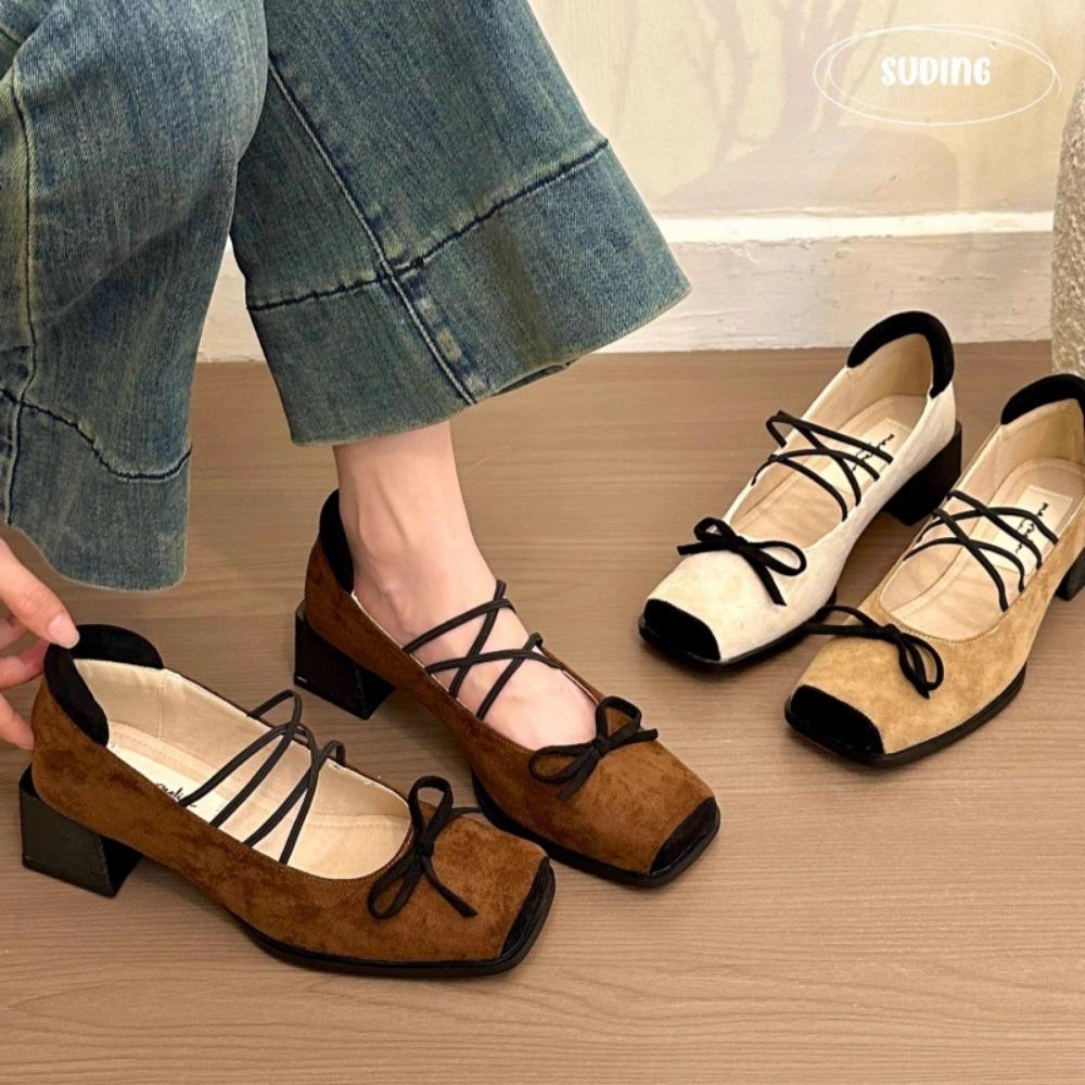 High Heels Women Shoes Retro Suede Bow Mary Jane Shoes Women Spring Versatile Thick Heel Single Shoes Tacones Mujer