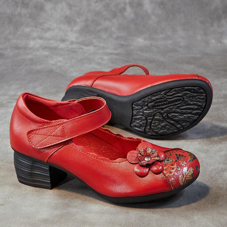 Johnature Etninio stiliaus natūralios odos marginti moteriški batai retro apvalūs pirštai stori kulnai minkšto pado pompos