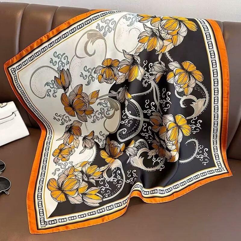 Elegant Purple Flower-Printed Silk Scarf Women Satin Neckerchief Versatile Headwear Bag Clothing And Accessories Square Scarf