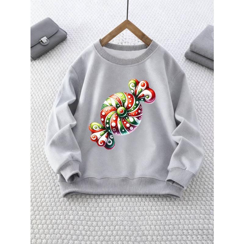 Girls' Crew Neck Sweatshirt with Colorful Candy Pattern | Casual Style, Perfect for Fall/Winter