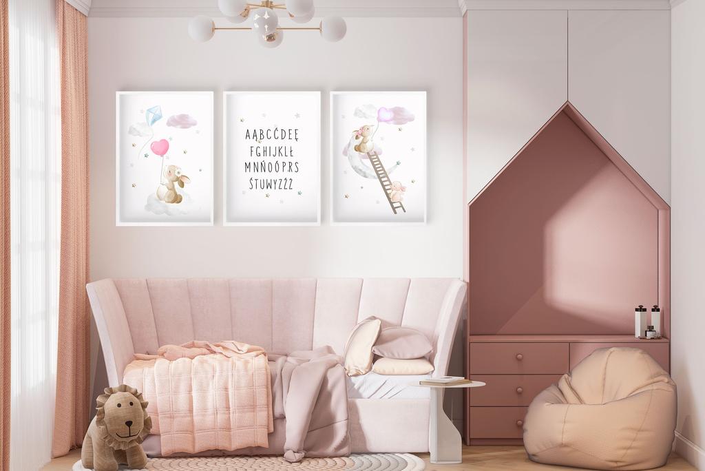 Plakaty dziecięce Pastelowy Obraz dla dziecka Różowy królik Alfabet 30x40