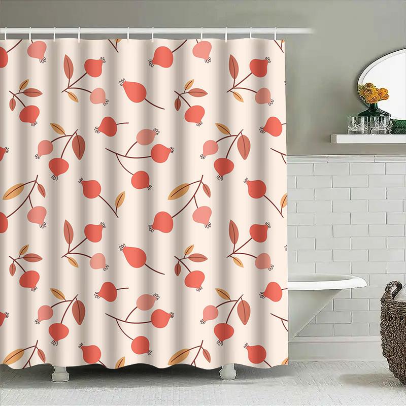 Modern Floral Fruit Print Shower Curtain Waterproof Bathroom Decorative Liner Red Apple Design (230x185cm)