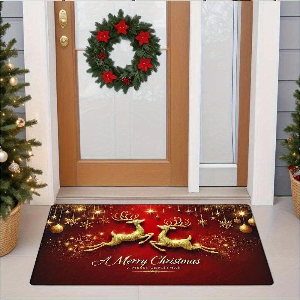 Weihnachten Goldener Rentier-Aufdruck Fußmatte, Roter Hintergrund Flanell Rutschfest Waschmaschinenfest Teppich für Mehrraum-Feiertagsdekoration