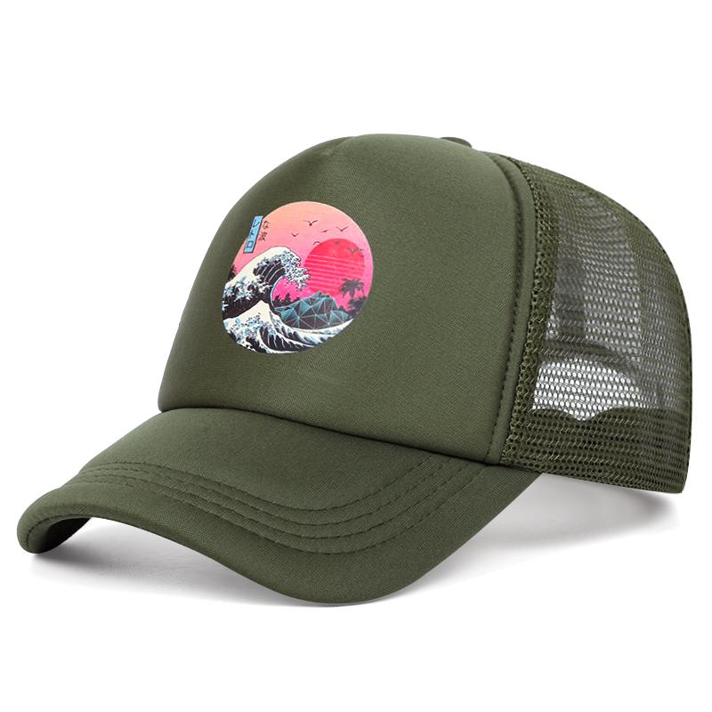 Modna czapka z siatki z ikoną fali, czapka baseballowa, męska, damska, regulowana, hip-hopowa, typu snapback, dla dorosłych, unisex, chroniąca przed słońcem, kapelusz kowbojski