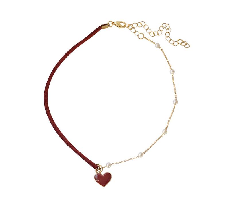 

Small Red Heart Female Fashion Clavicle Chain Short Pearl Handmade Beaded Exquisite Elegant Neck Chain Personality Neckband