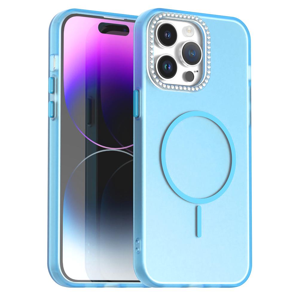 For iPhone 14 Pro Case Compatible with MagSafe TPU+PC+PET Phone Cover Rhinestone Decor Lens Frame