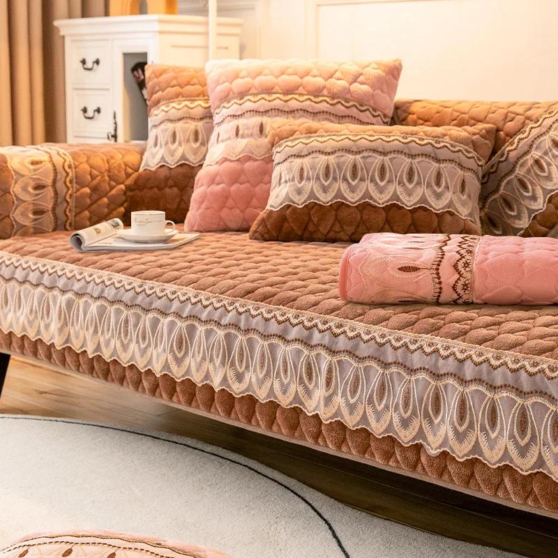 

Зимний плюшевый чехол для дивана, стереоскопическая кружевная подушка для дивана, пылезащитный нескользящий чехол для дивана, утолщенный одноцветный коврик для дивана с вышивкой 70x70cm 1pcs