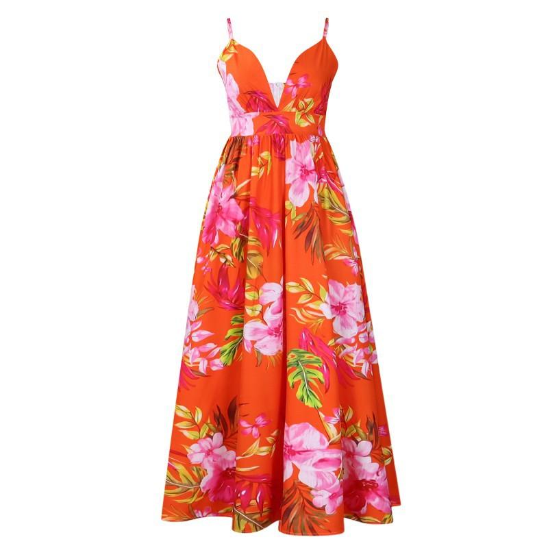 New Fashionable Temperament V-neck Suspender Printed Beach Long Dress Sexy S