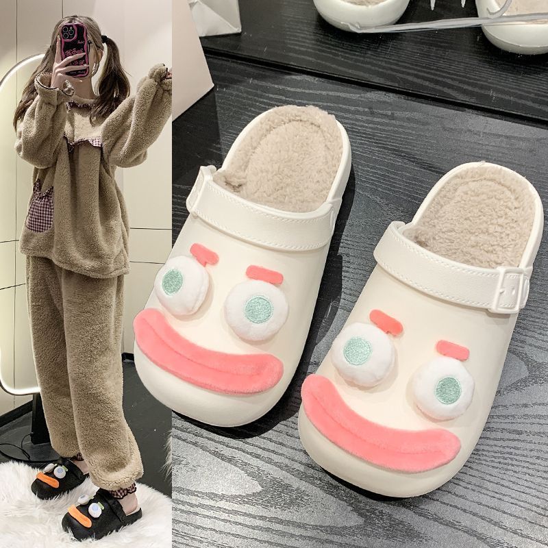 Thick-soled fleece cotton shoes, toe-wrapped half slippers, 2025 autumn/winter new cartoon fur slippers, women's outerwear