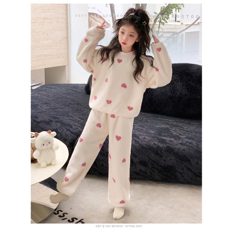 Girls Winter Coral Fleece Loungewear Set Big Kid Heart Pattern