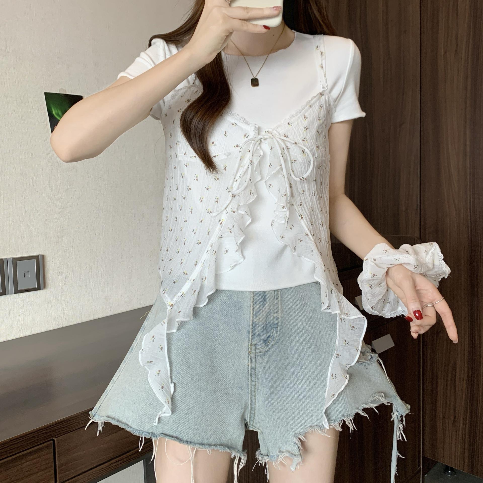 

2026 Spring/Summer Plus Size Yellow Polka Dot Ruffle Strap Layered Short Sleeve Two-Piece Top Set 4XL