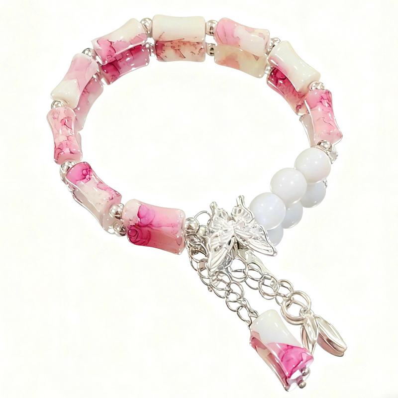 Bamboo Style Butterfly Milky Pink Bead Elastic Bangles Girl Bilezik Bracelet Women Jewelry Pulseras