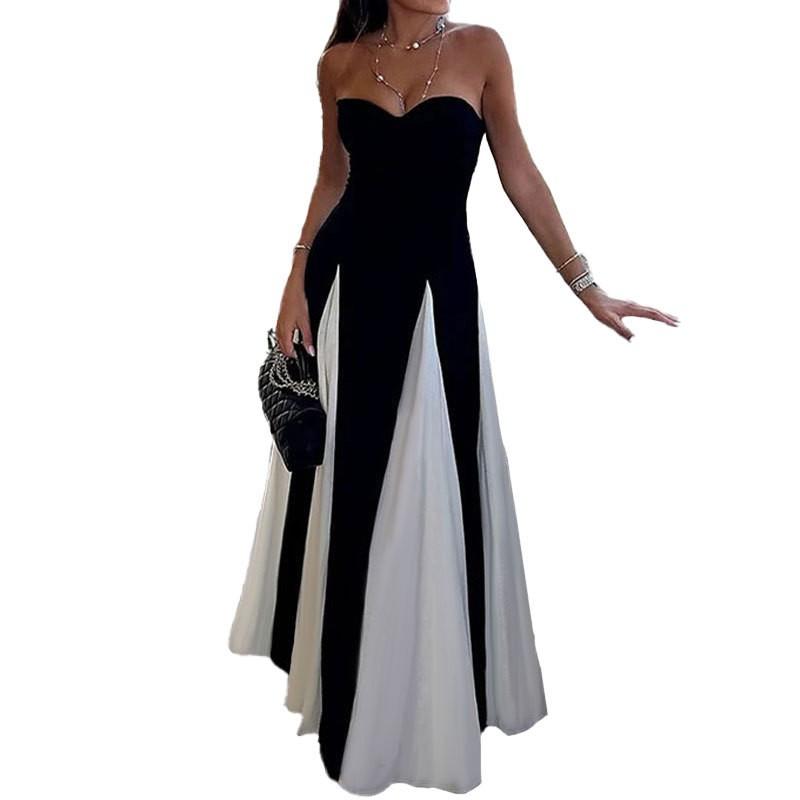 2026 Elegant Color-Block Strapless Maxi Dress High-Waisted Fit-and-Flare Womens Formal Casual