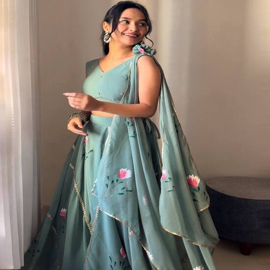 Sage Green Floral Painted Lehenga Choli with Dupatta