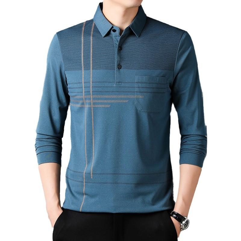 Men'S Long-Sleeved Polo Shirt Men'S Striped Lapel Collar T-Shirt Medium Casual Belt Pocket Top