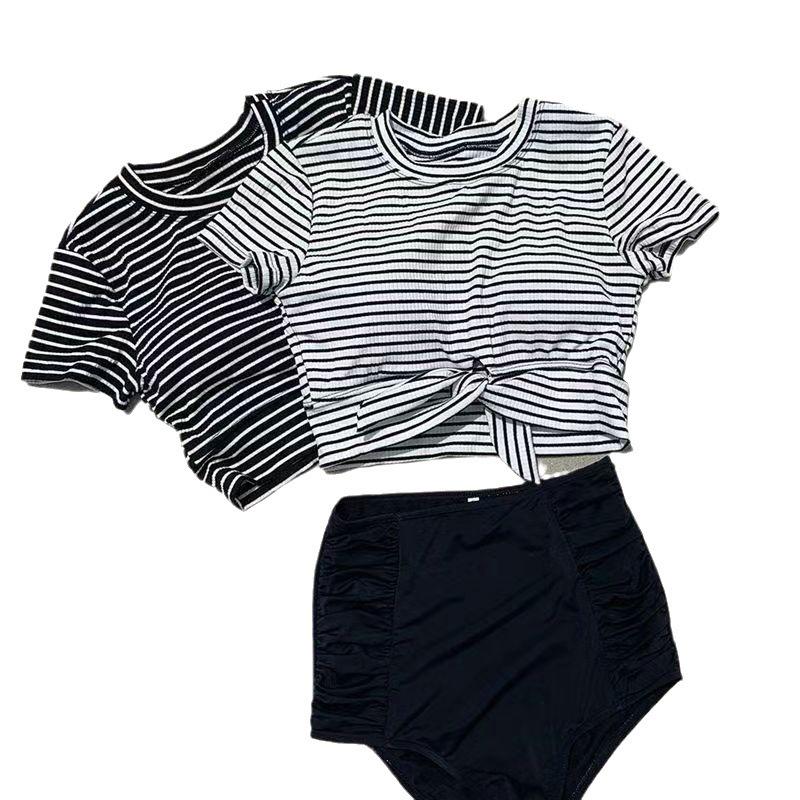 Women's Short Sleeve Striped High Waist Swimsuit, Korean Style, Tummy Control, Slimming, In Stock