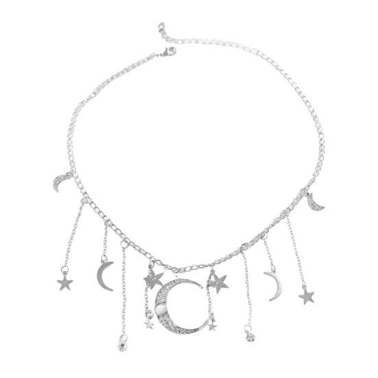 Star Moon Charms Necklace Boho Tassel Chain Choker Rhinestone Crescent Pentagram Fringe Charm Necklace for Women Dates Parties Jewelry
