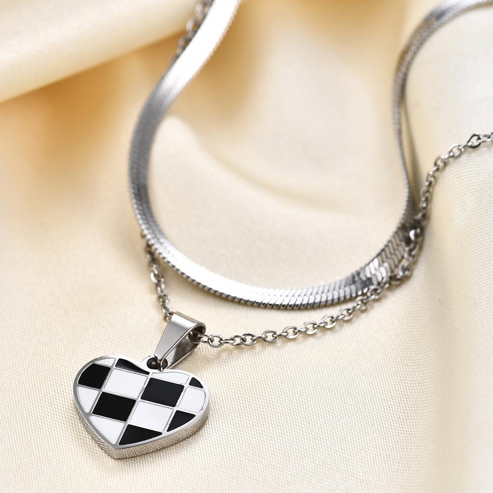 European & American Simple Heart Plaid Double Layer Necklace - Women s 4MM Blade Chain