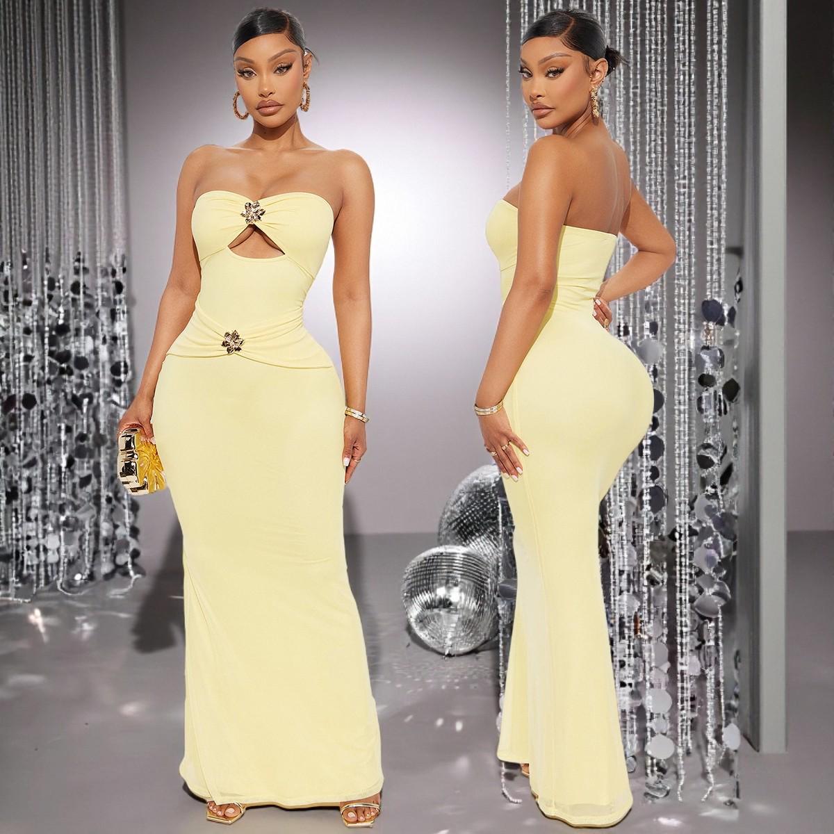 

ZY6367 Strapless Bodycon Dress with Hollow-out Metal Flower Design M жёлтый