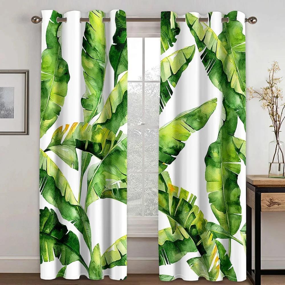 Custom European Elegant Green Leaves Curtains Luxury Curtains Tropical Leaves Pattern Window Curtains for Bedroom Living Room