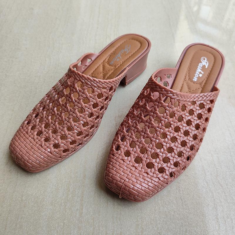 

2025 Women Summer Shoes Offer Casual Slip-on Square Toe Medium Heel Slippers Sandals Woman Beach Shoes Zapatos De Mujer 40 абрикосовий