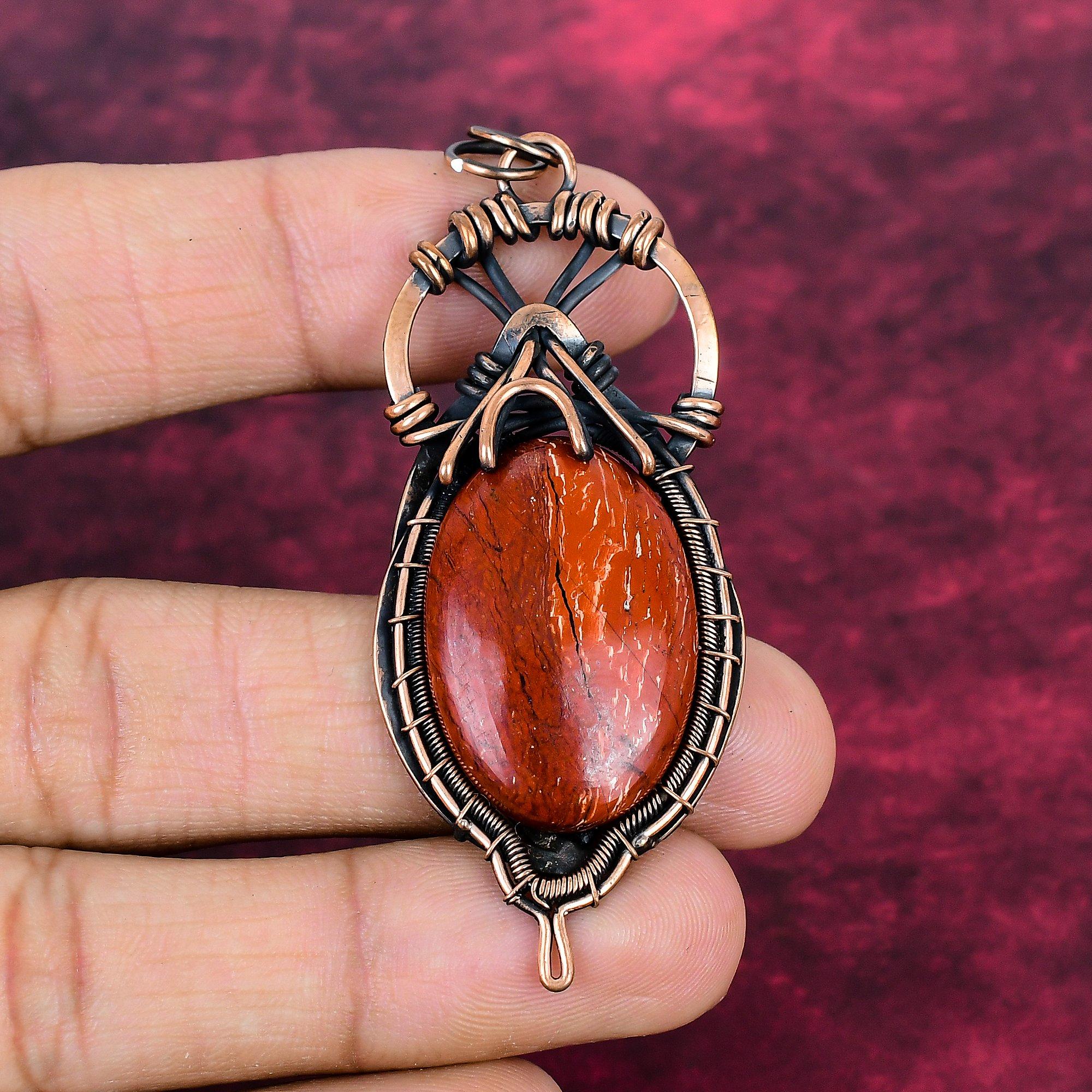 Red Snakeskin Jasper Gemstone Pendant Copper Wire Wrapped Jewelry Gifts For Him