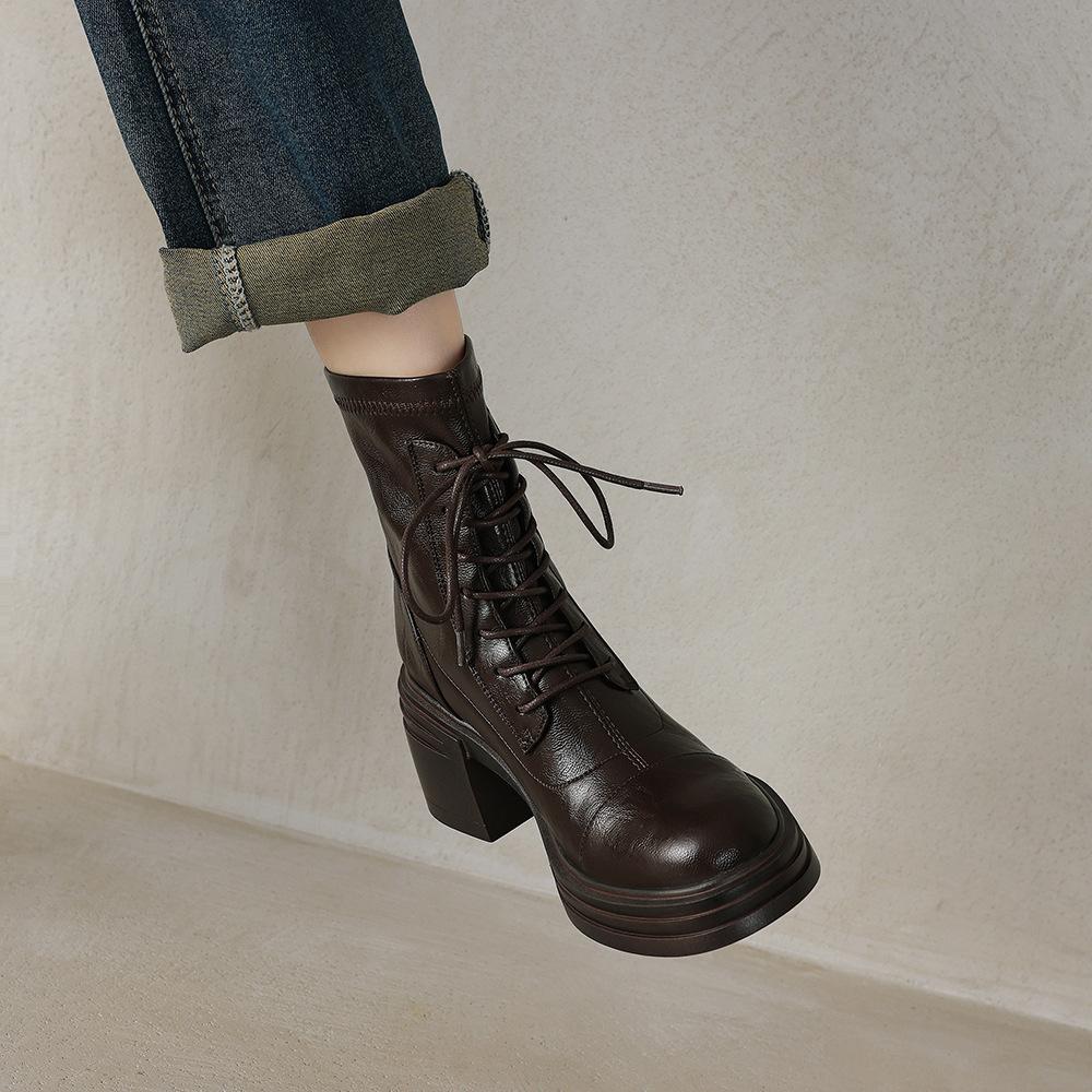 Great to wear! Treasure of the town store~ 2025 autumn and winter high-heeled elastic British Martin boots women's lace-up thick-heeled short boots