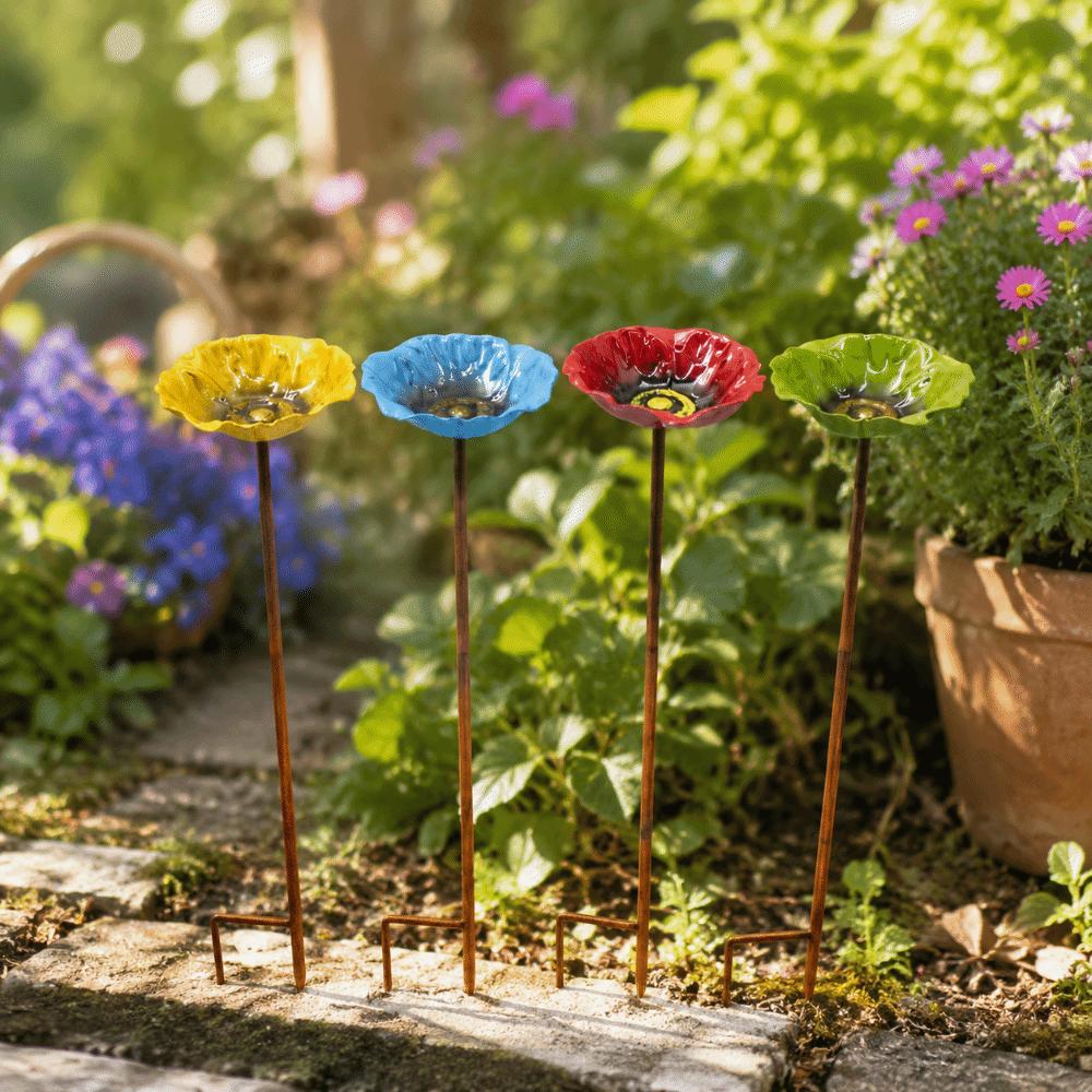 Flower Shaped Bird Bath Stand Metal Bird Water Dispenser Bird Bath Bowls Flower Garden Stake Patio