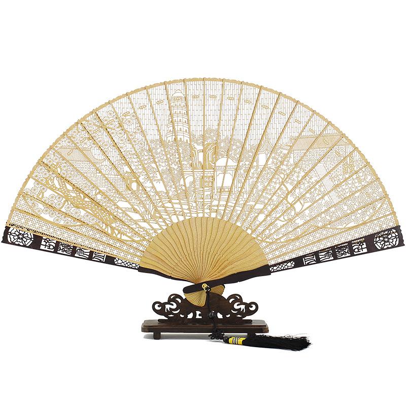 Chinese Sandalwood Fan - 7-inch Burmese Incense Wood Hollowed-out Carved Folding Fan, Chinese-style Gift Fan