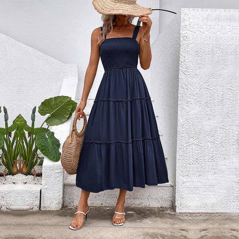 Women Solid Color Off Shoulder Spaghetti Strap High Waist Long Casual Dress S