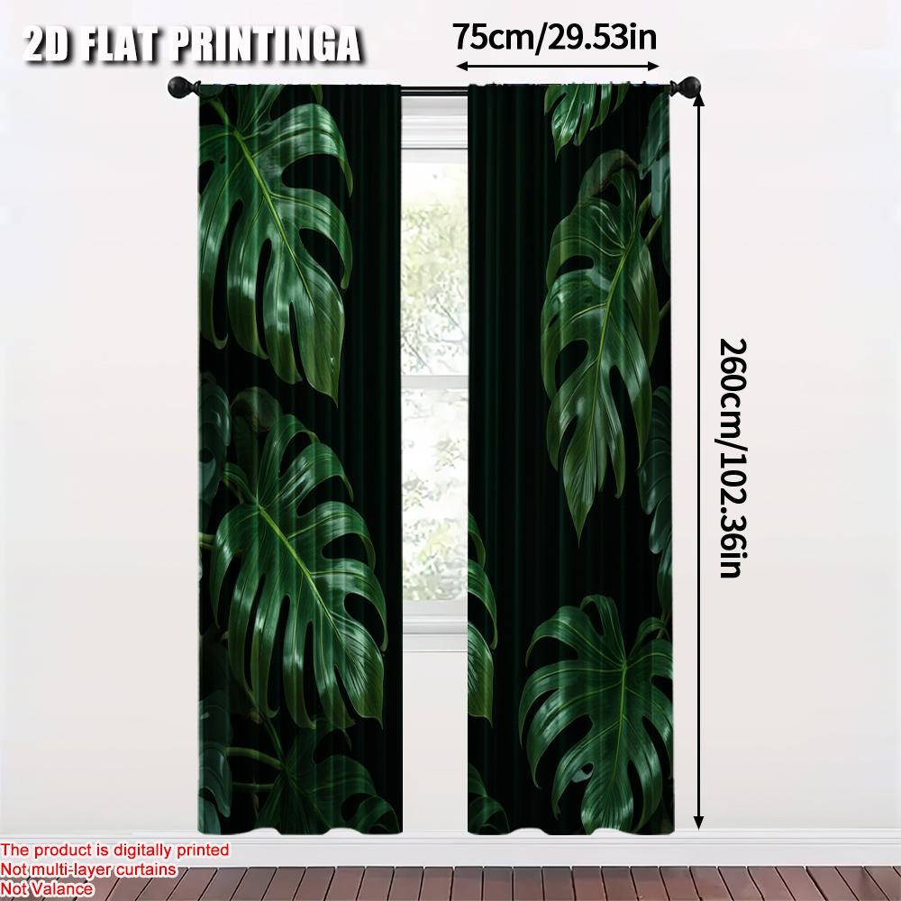 Set Of 2 Flat Printing Party Window Curtains Tropical Green Palm Leaf Versatile Polyester Without Electricity Festive Wall Curtain