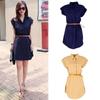Lady Casual Dress Short Sleeve Stretch Chiffon OL Belt Mini Dresses