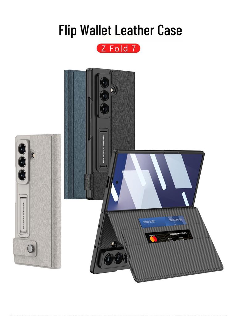 Samsung Z Fold7 Leather Wallet Case with Stand, Card Slot, and Protective Film