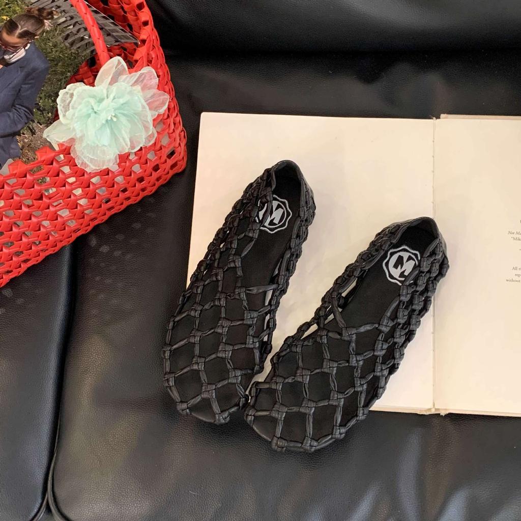 French Woven Mesh Hollow Low Heel Round Head New Sandals Fashion Pig Cage Shoes Red Breathable Hole Shoes Women's Shoes