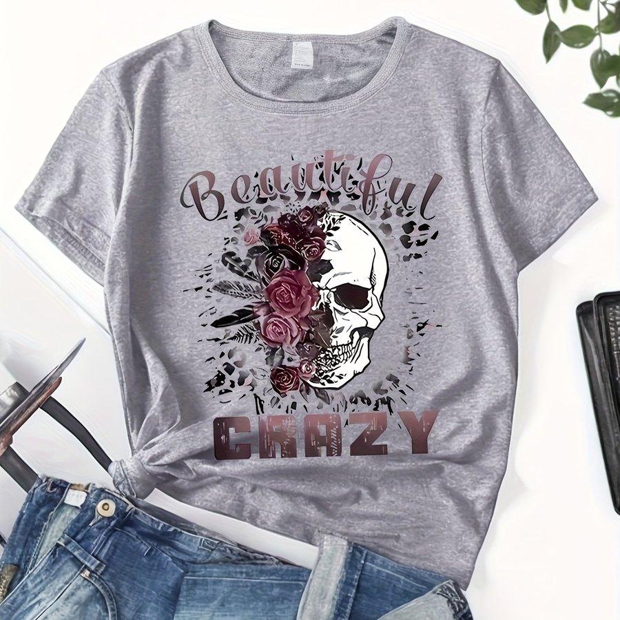 Skull & Letter Print T-shirt Casual Crew Neck Short Sleeve T-shirt Women's Clothing