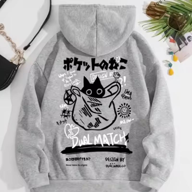 Cute Cat Cartoon Printed Sweatshirt Women Harajuku Casual Loose Hooded Fashion Soft Pocket Hoodies Autumn Clothes