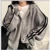 Korean Chic Striped Drawstring Hooded Knit Cardigan for Women - Autumn/Winter Collection