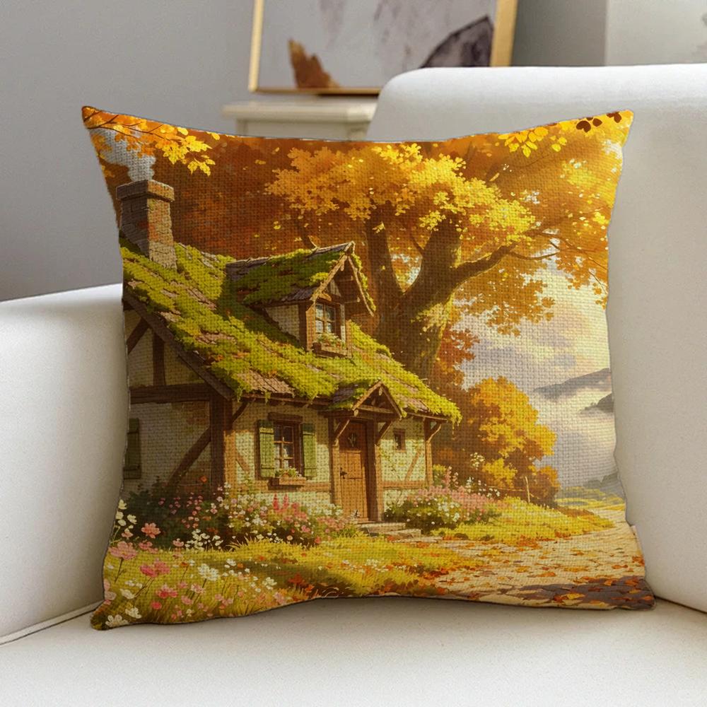 M-Cabin In The Woods Cushion Cover Natural Linen Pillowcase Set, All-In-One Decor For Sofa, Bedroom & Chair