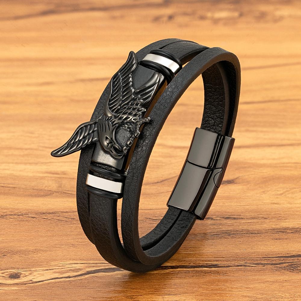 Bracciale Aquila Animale per Uomo Mano Multi-Strati Pelle Nera con Chiusura Magnetica Gioielli Regalo per Fidanzato